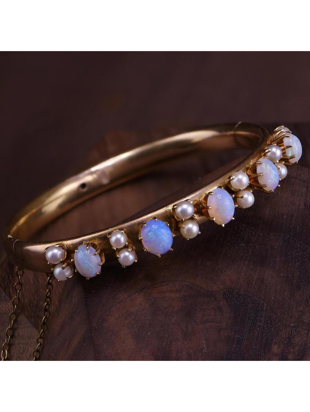 Antique Edwardian 10k Gold Pearl Crystal Opal Hinged Bangle